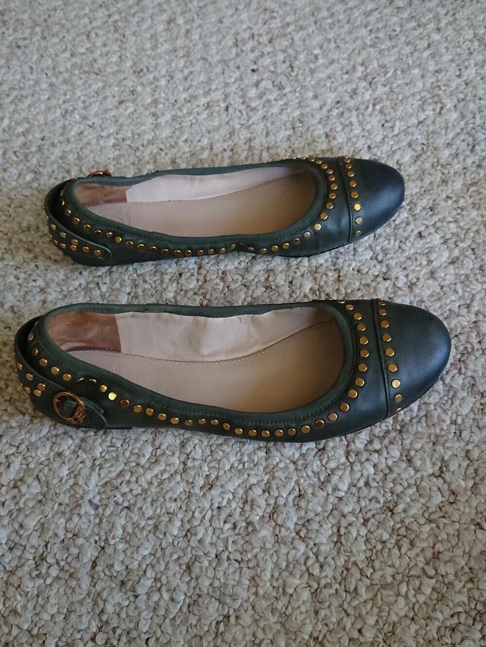 Tory Burch Holden gold tone Studded hunter green Ballet Flats size 7